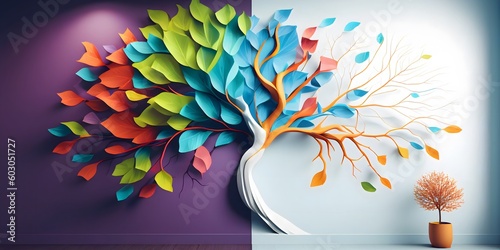 Fototapeta Naklejka Na Ścianę i Meble -  Colorful tree with leaves on hanging branches of blue, white and golden illustration background. 3d abstraction wallpaper for interior mural wall art decor. floral tree with multicolor leaves. ai