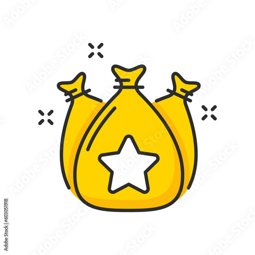 Money bags with star icon of loyalty benefits, bonus points, customer reward or prize. Special program for customer loyalty incentive vector line symbol of gold sacks with bonus points