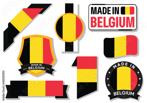 Collection of made in belgium badges labels belgium flag in ribbon vector illustration