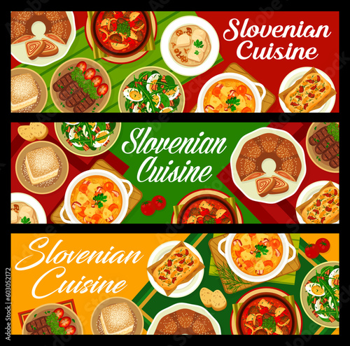 Slovenian cuisine food banners. Sauerkraut bean stew Ota, meat vegetable stew Bograch and grilled sausages Cevapcici, Kremna Rezina, bread Pogacha and dumplings, nuts roll Potica, dandelion egg salad