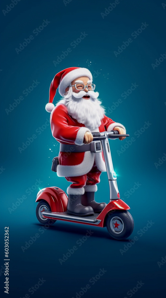 A smiling Santa Claus riding a electric scooter, 3d character  - ai generative