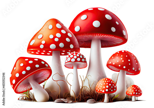 bright fly agaric mushrooms in the grass, isolated. Generative AI  