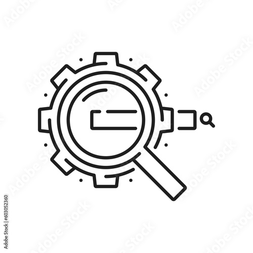 Keyword ranking, SEO optimization website icon. Vector gear for data and words analysis, keywords search strategy, media information investigation