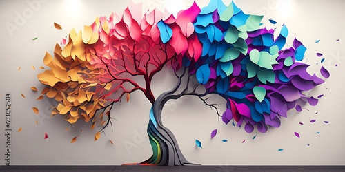 Fototapeta Naklejka Na Ścianę i Meble -  Colorful tree with leaves on hanging branches of blue, white and golden illustration background. 3d abstraction wallpaper for interior mural wall art decor. floral tree with multicolor leaves. ai