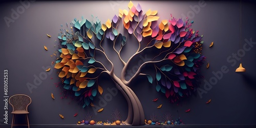 Fototapeta Naklejka Na Ścianę i Meble -  Colorful tree with leaves on hanging branches of blue, white and golden illustration background. 3d abstraction wallpaper for interior mural wall art decor. floral tree with multicolor leaves. ai
