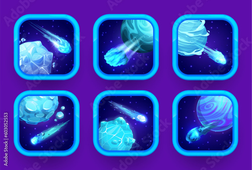 Cartoon space game app icons. Blue ice planets and asteroids. Cellphone application UI, console arcade vector buttons or computer game GUI, videogame rounded icons with blue fantastic planets, comets