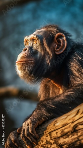 Chimpanzee Sitting Atop a Branch, Deep in Thought and Contemplation. Generative ai