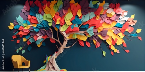 Fototapeta Naklejka Na Ścianę i Meble -  Colorful tree with leaves on hanging branches of blue, white and golden illustration background. 3d abstraction wallpaper for interior mural wall art decor. floral tree with multicolor leaves. ai