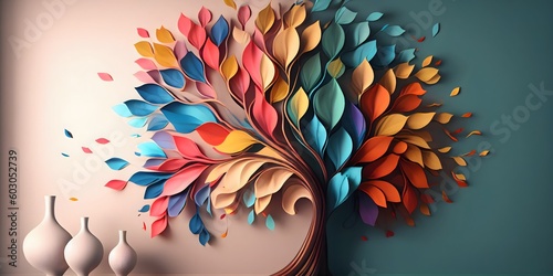 Fototapeta Naklejka Na Ścianę i Meble -  Colorful tree with leaves on hanging branches of blue, white and golden illustration background. 3d abstraction wallpaper for interior mural wall art decor. floral tree with multicolor leaves. ai