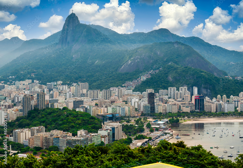 View of Corcovado and Botafogo in Rio de Janeiro, Brazil. Cityscape of Rio de Janeiro and Guanabara bay. Skyline of Rio de Janeiro