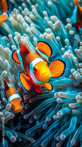 Clownfish Swimming Among the Vibrant Corals of a Tropical Reef. Generative ai © Scrudje