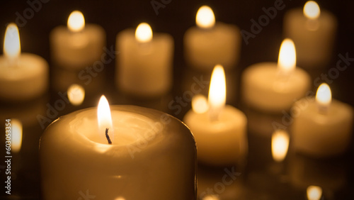 A large candle lit in the foreground and several candles lit in the background of the full screen image.