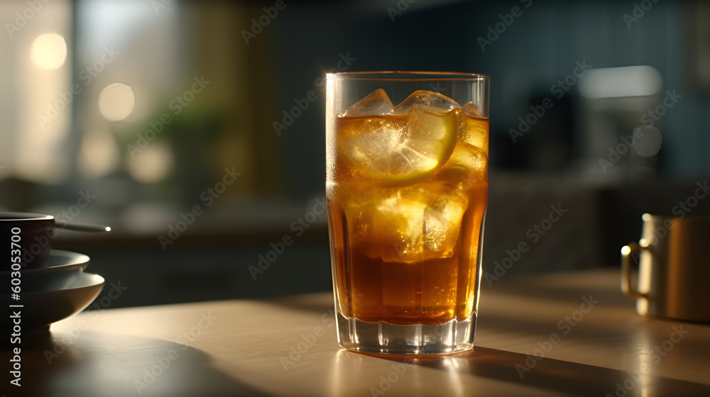 Close-Up of Cold Iced Tea in a Glass with Ice Cubes and Lemon Slice on a Sunny Table Close-Up of Cold Iced Tea in a Glass with Ice Cubes and Lemon Slice on a Sunny Table