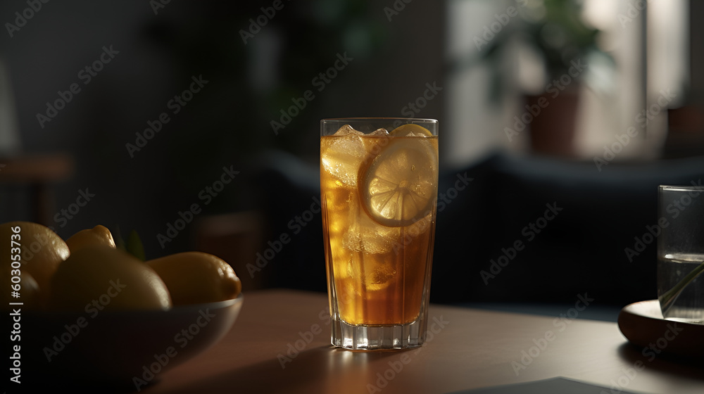 Lemon Iced Tea in a Glass with Ice Cubes on a Wooden Table in a Cozy, Sunlit Kitchen Lemon Iced Tea in a Glass with Ice Cubes on a Wooden Table in a Cozy, Sunlit Kitchen