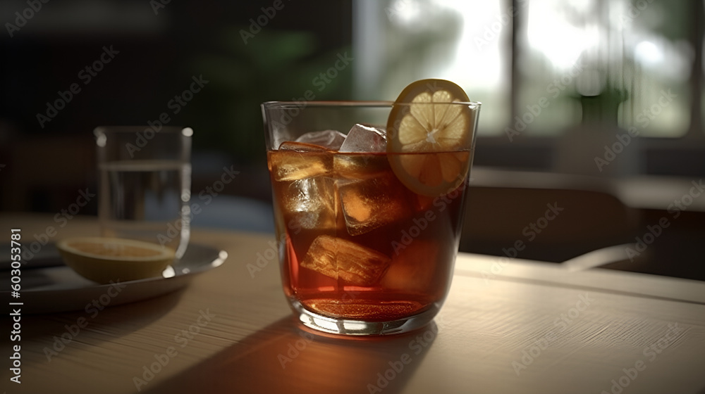 Cold Glass of Tea with Lemon Slice and Ice on a Table in Bright, Inviting Room Cold Glass of Tea with Lemon Slice and Ice on a Table in Bright, Inviting Room