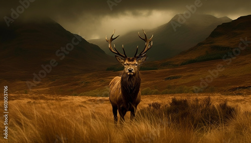 Majestic stag grazes in tranquil mountain meadow generated by AI
