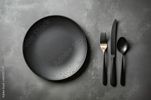 Black and Gold Modern Cutlery on Dark Grunge Plate. Generative AI