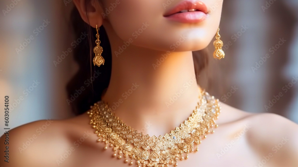 Beautiful girl with gold jewelry for women, necklace, earrings, bracelet, and Beauty and accessories.