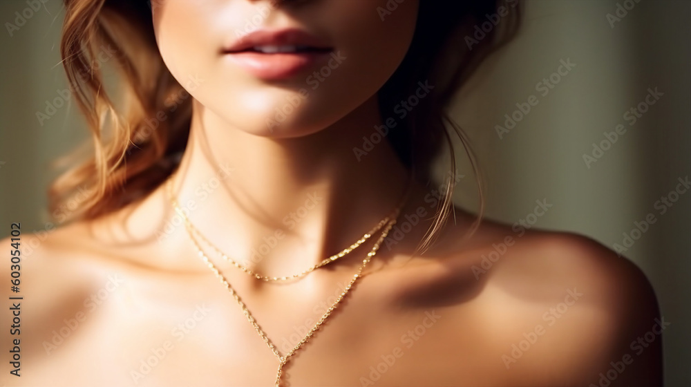 Beautiful girl with gold jewelry for women, necklace, earrings, bracelet, and Beauty and accessories.