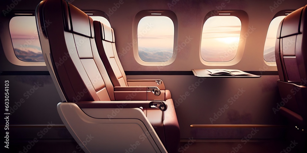 first class business luxury seats for vacations or corporate airplane travel with copy space area wide banner - obrazy, fototapety, plakaty 