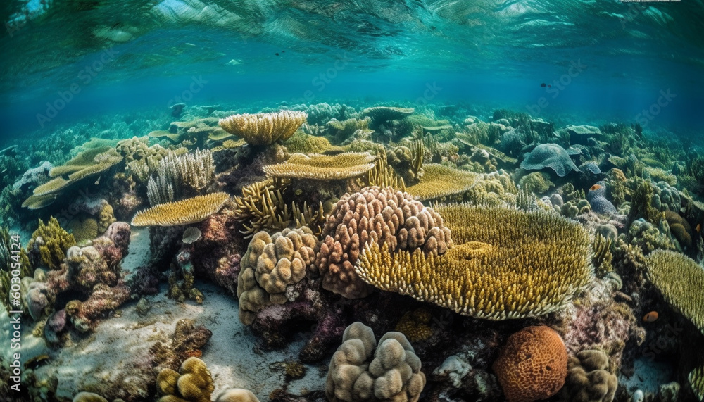 Fototapeta premium Multi colored aquatic animals swim in tropical reef generated by AI
