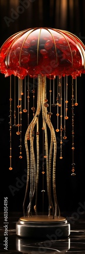 Jellyfish Chandelier Sculpture Made of Red Coral, Mahogany, and Black Obsidian. Generative ai
