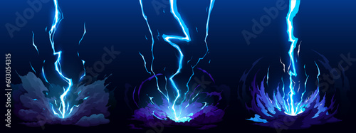 Photo Cartoon blue lightning thunder and storm thunderbolt strike, vector thunderstorm bolts
