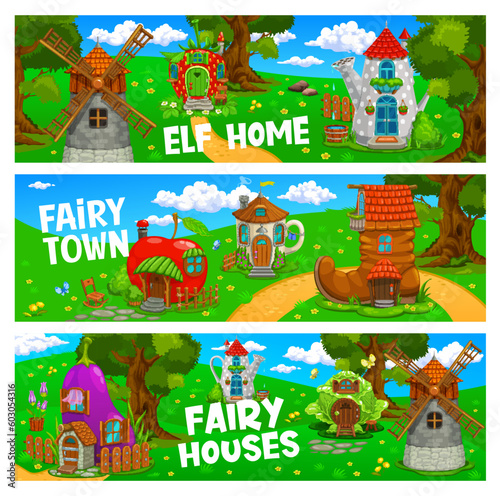 Fairytale cartoon house buildings. Vector banners fantasy town with huts windmill  apple  eggplant and strawberry  watering can  cabbage with boot and cup. Elf dwellings on green summer wood lawn