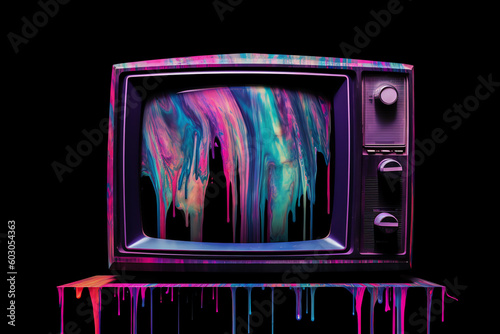 tv with faded colorful dark paint. generative AI