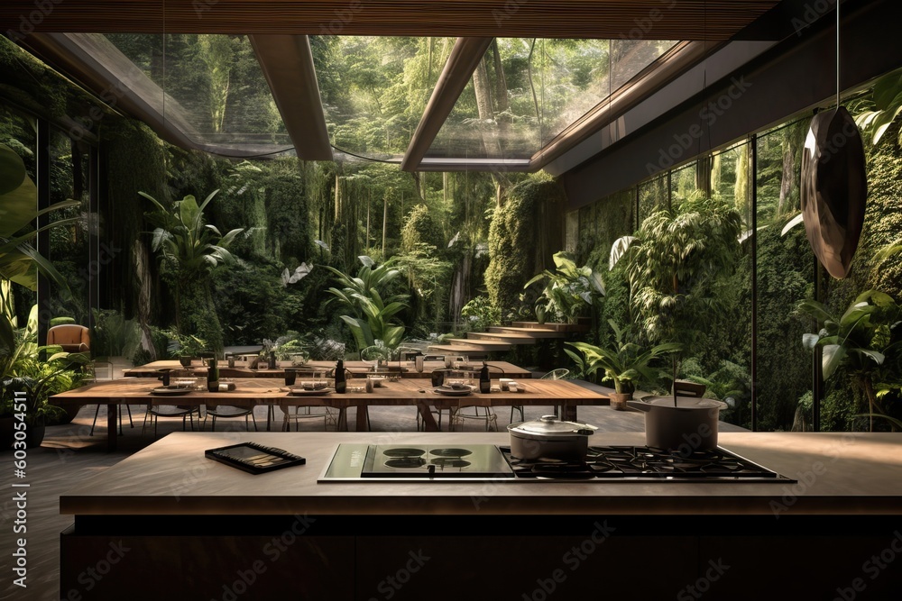 luxury modern kitchen with a jungle theme inspiration, generative ai
