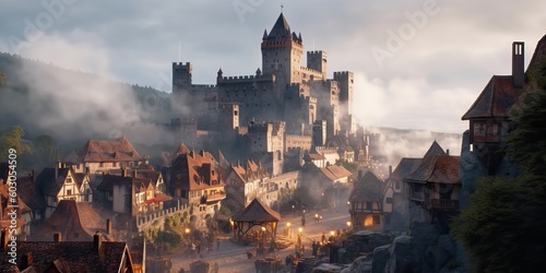Medieval town with castle, generative ai