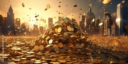 Piles of money on a urban background, generative ai photo
