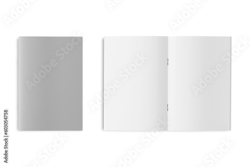 Universal template with two A4 (A5) brochures.Empty Blank bi-fold catalog booklet with staples mockup.Template of open and closed brochure isolated on white background. 3d rendering. top view.