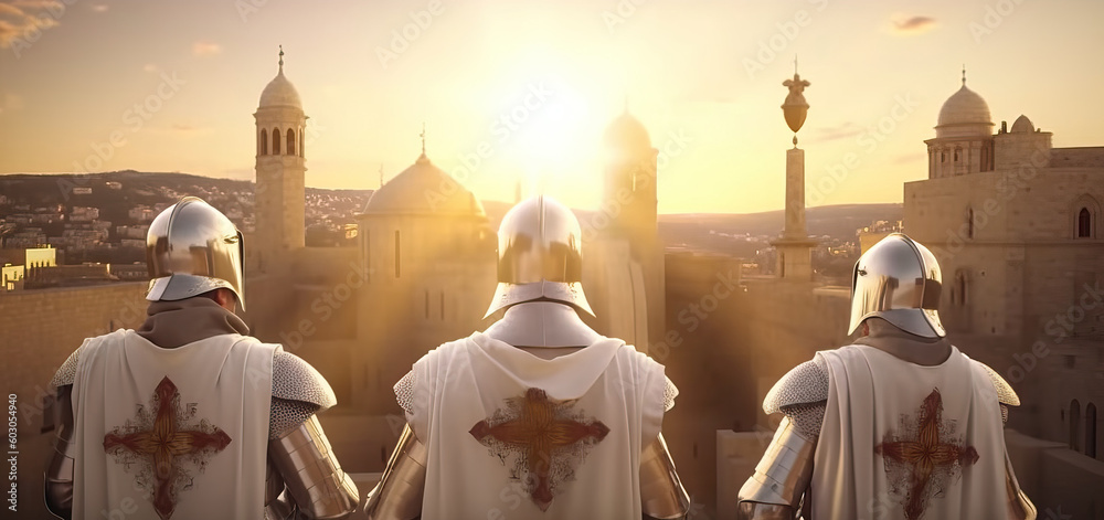 Fototapeta premium Templar knights in the crusade arriving in Holy Land, generative ai