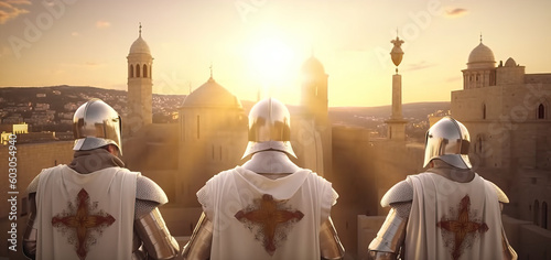 Templar knights in the crusade arriving in Holy Land, generative ai photo