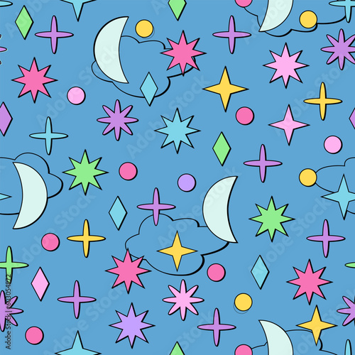 Seamless pattern. Hand drawn vector illustrations of stars and planets in cartoon Neobrutalism style on dark background