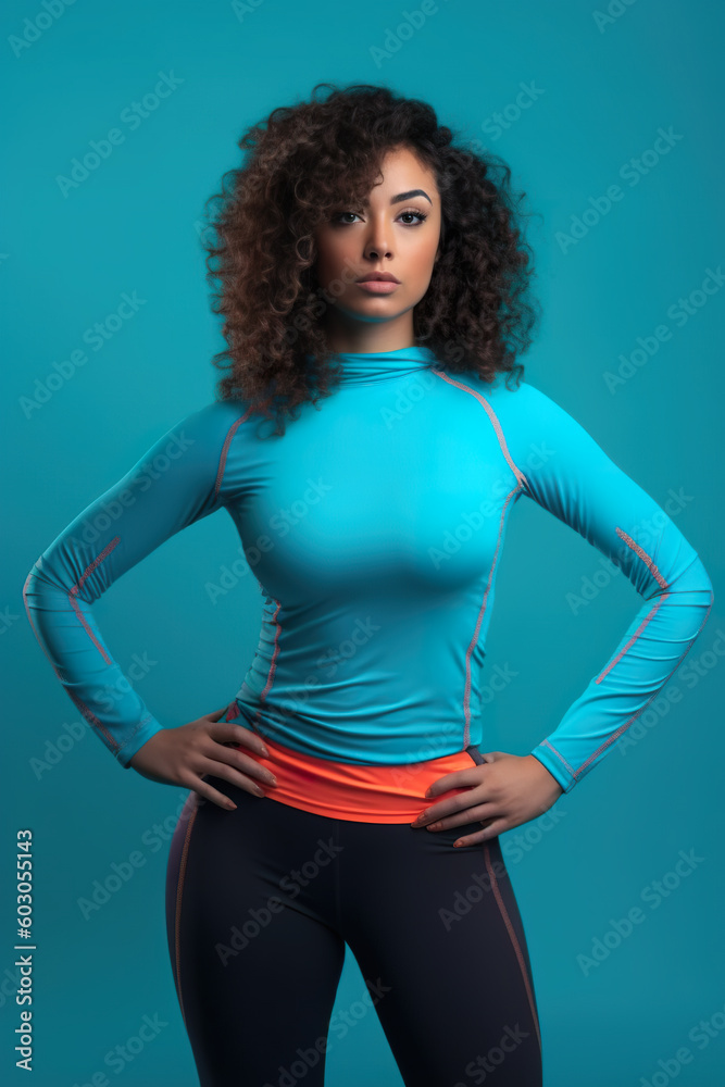 A woman in a blue top and black pants. Generative AI. A woman in a blue top and black pants. Generative AI.