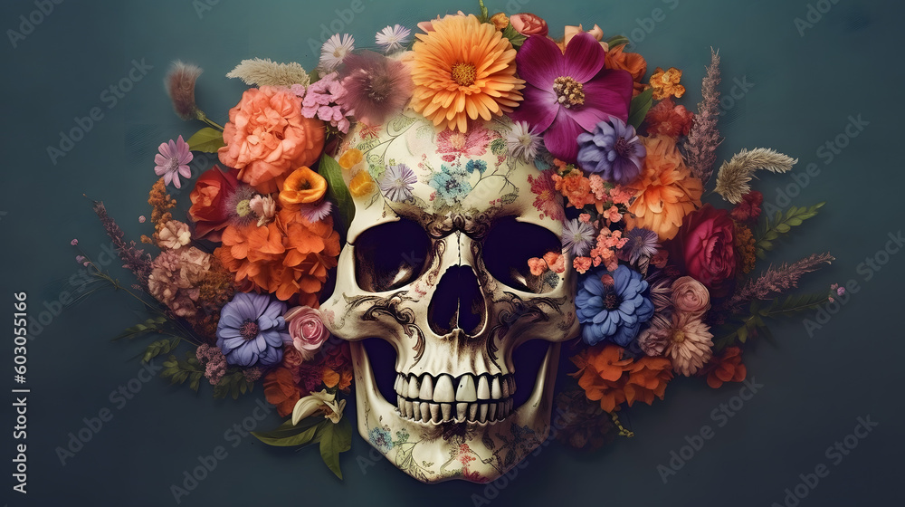 skull with a lot of flowers - Generated AI skull with a lot of flowers - Generated AI