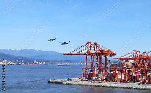 Port of Vancouver, Container Terminal with Gantry Cranes. Canada. Helicopters Overhead