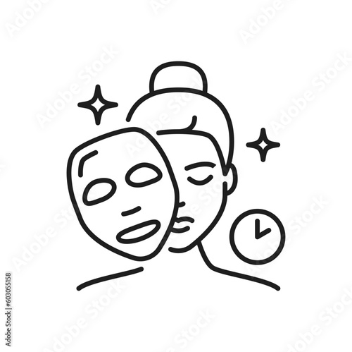 Facial mask icon, face skin care and beauty cosmetics, vector instruction line pictogram. Woman skincare and face treatment facial mask icon with clock for anti aging and moisturizing face mask pack