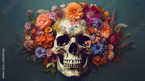 skull with a lot of flowers - Generated AI