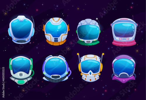 Astronaut space helmets, cartoon vector set of cosmonaut or shuttle pilot costume headwear with glass visor and antenna. Protective wear for spaceman travel in open space or galaxy with glowing stars