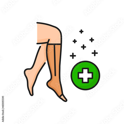 Stockings and varicose veins, vascular disease treatment color line icon. Vector compression socks, edema and swelling treatment, abnormal blood pressure