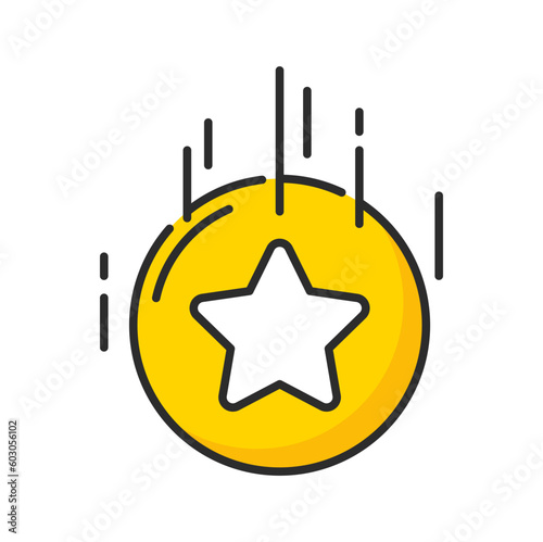 Gold coin with star vector icon of special bonus points, customer loyalty incentive benefits and prize reward. Color line token money coin isolated symbol of exclusive loyalty program bonus points