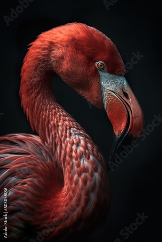 Graceful Elegance: Close-Up of a Majestic Red Flamingo Against a Dark Background with High Contrast, generative Ai