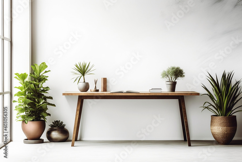 Bureau style scandinave, contemporain, moderne, lumineux, nombreuses plantes vertes dans la pièce