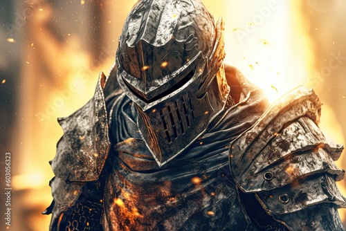 fantasy knight walking on flames