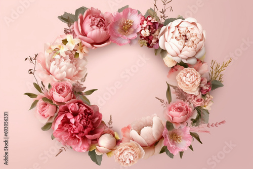 Cadre floral abstrait avec des pivoines, des roses sur un fond rose avec de l'espace pour le texte au centre. Composition romantique féminine. Invitation de mariage. Fêtes de Mères, Saint-Valentin.