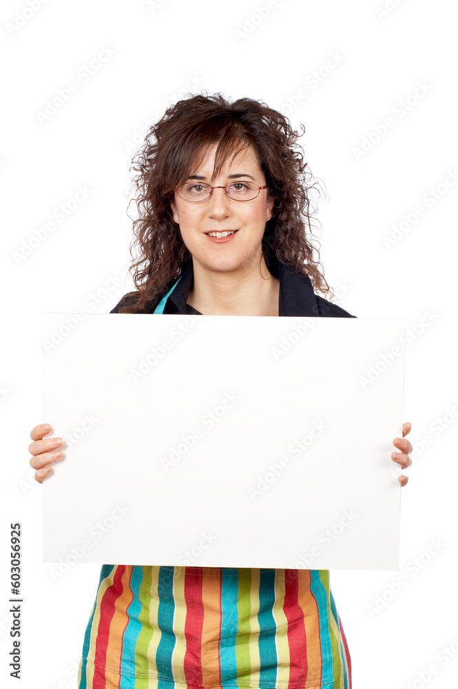 Housewife in apron holding the blank poster on white background Housewife in apron holding the blank poster on white background