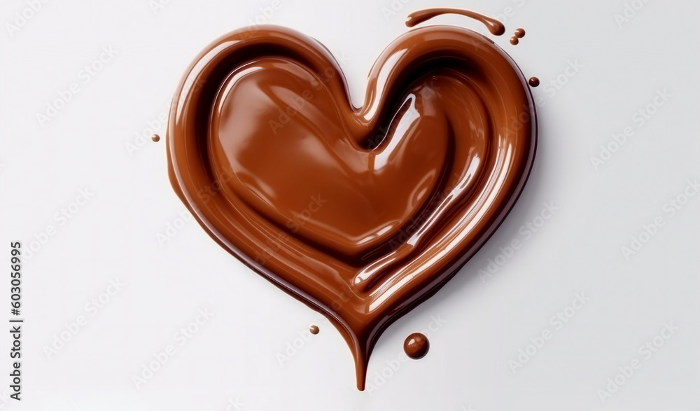 Obraz premium Chocolate in the form of a heart. Melted chocolate syrup on white background.